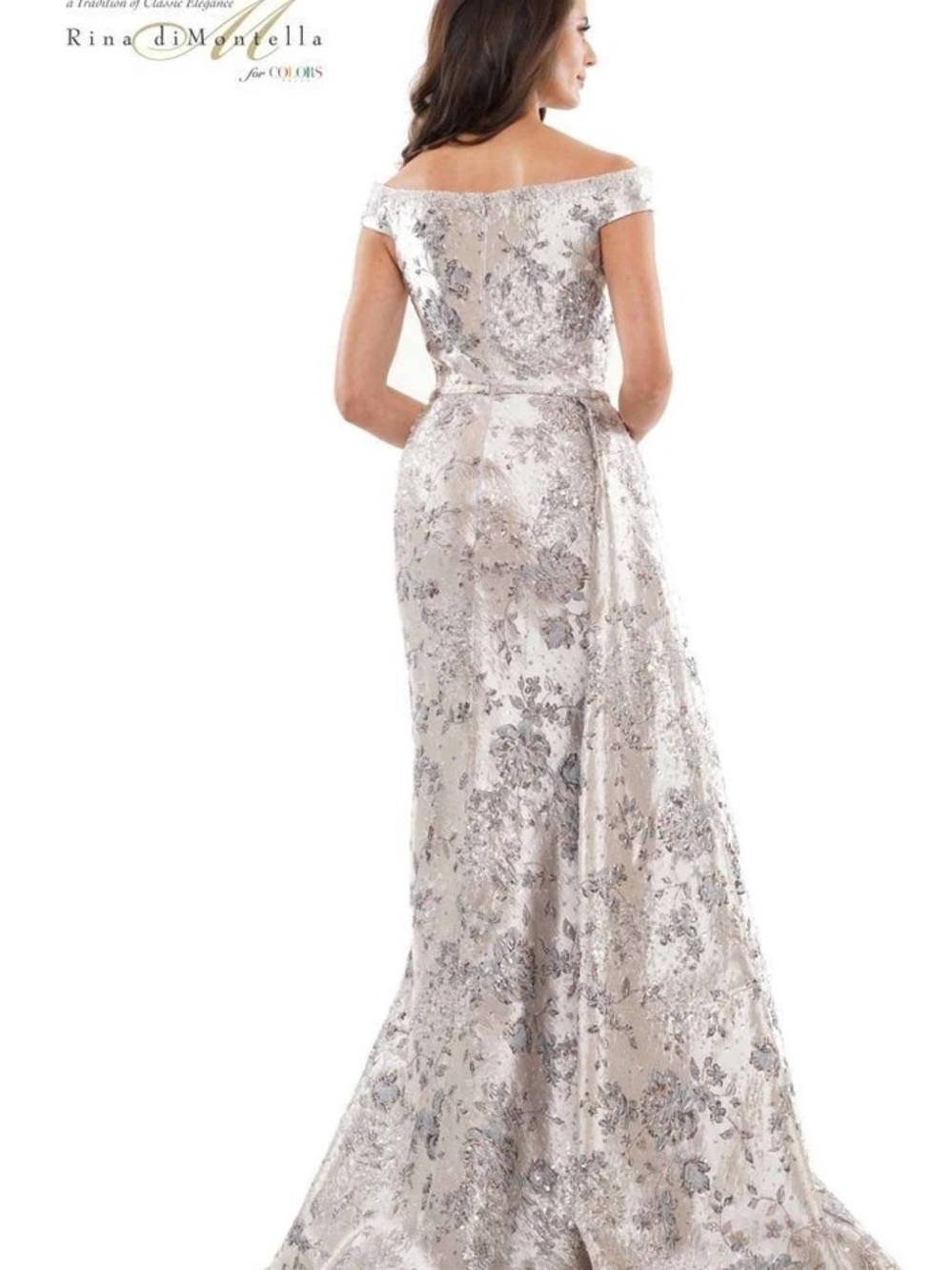 Rina diMontella Silver Metallic Off-Shoulder Wedding Dress mother of the bride - Picture 2 of 11